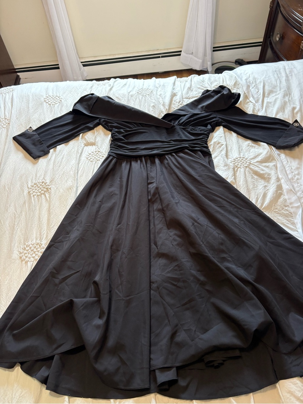 Classic Black Long-Sleeve Wrap Midi Dress